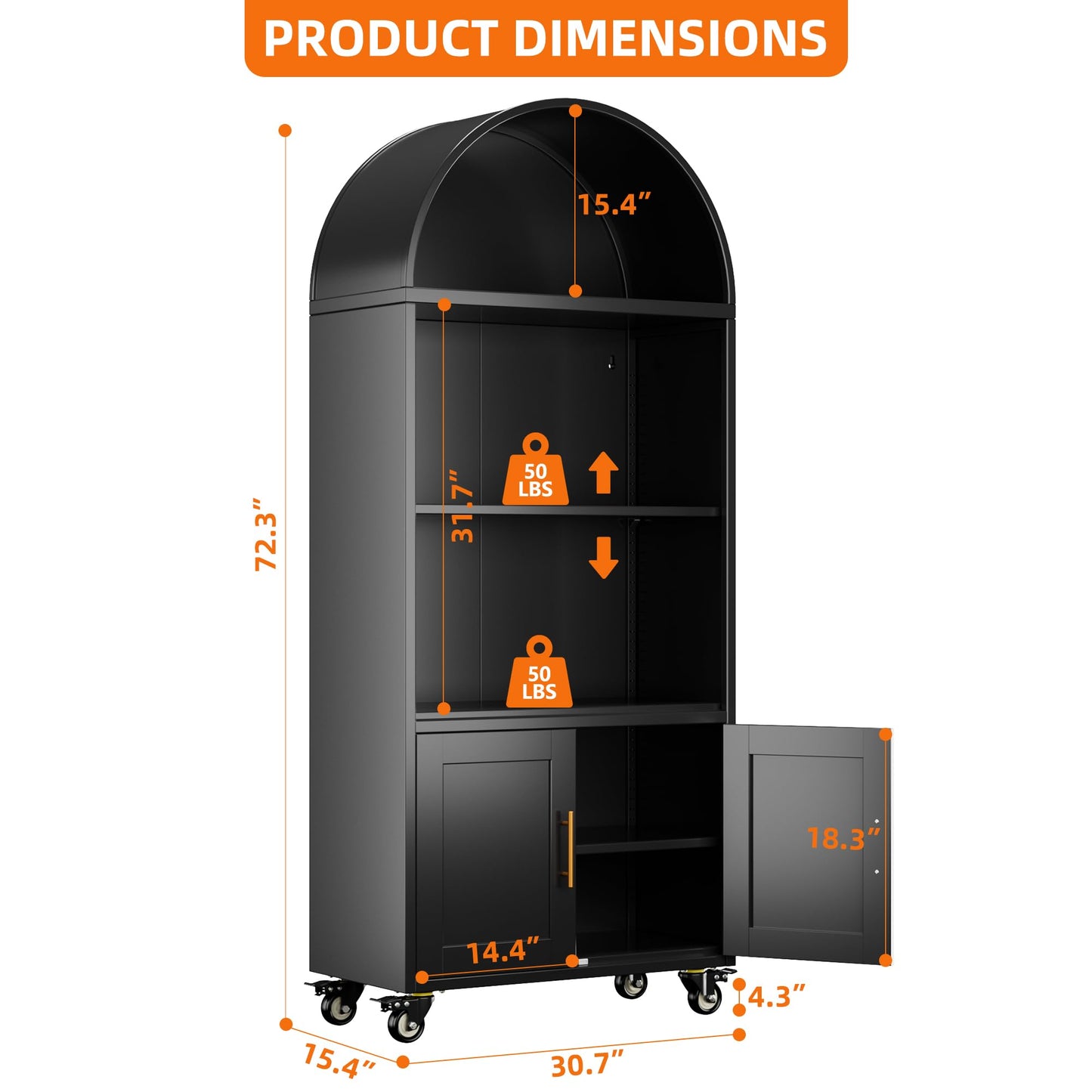 Metal Arched Bookcase on Wheels - Black with 2 Adjustable Shelves