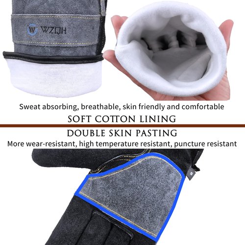 WZQH Leather Work Gloves for Men or Women. Small Glove for Gardening, Tig/Mig Welding, Construction, Chainsaw, Farm, Ranch, etc. Cowhide, Cotton Lined, Utility, Firm Grip, Durable. Grey-Black S