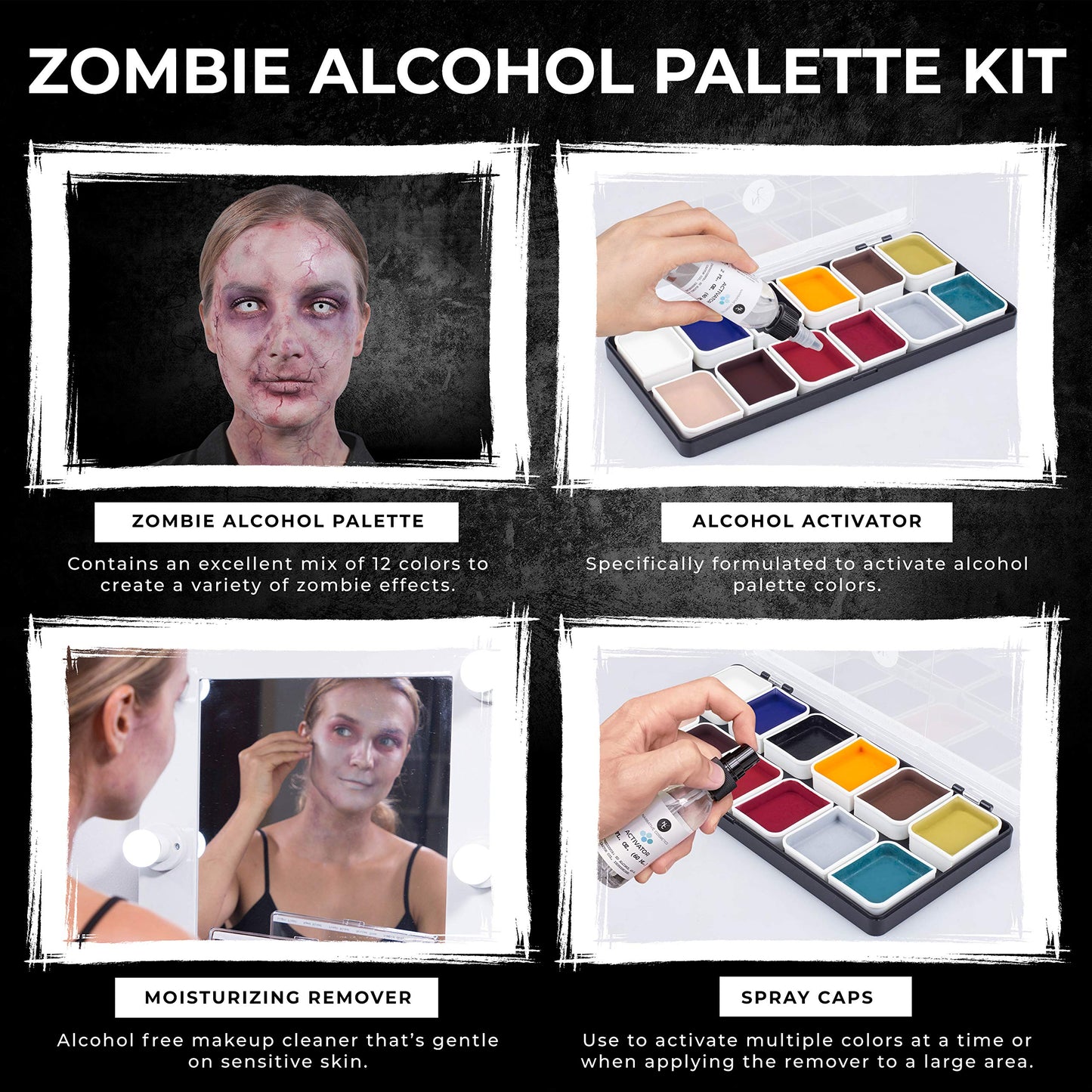 Narrative Cosmetics Zombie Alcohol-Activated Palette, Activator, and Remover Kit, Professional SFX Makeup Set