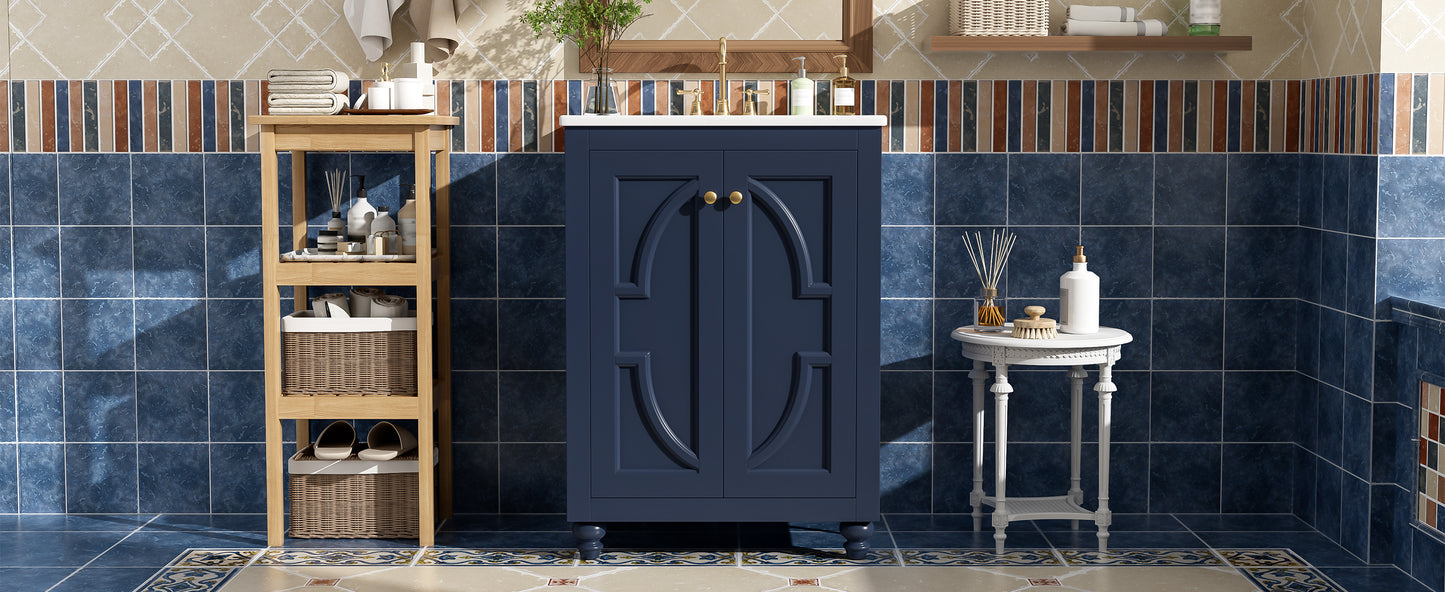 24" Blue Modern Bathroom Vanity with Ornate Design & Soft-Close Hinges