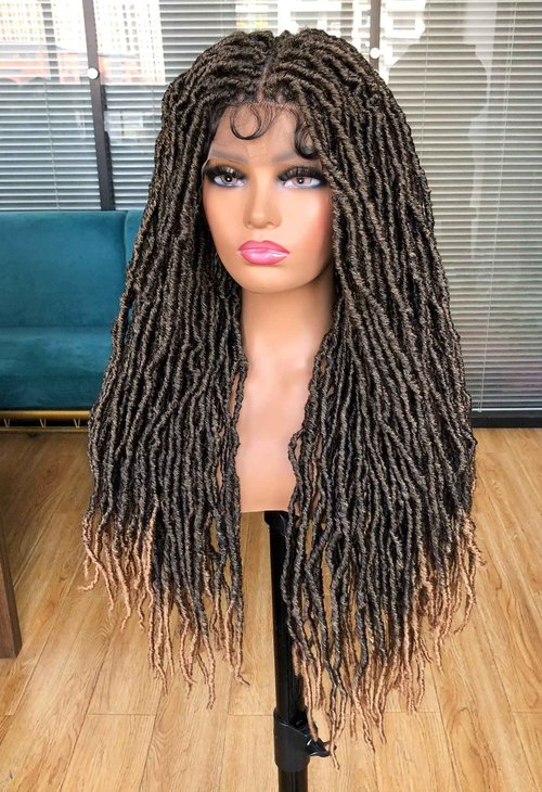 Annivia 32Inch Full Double Lace Box Braided Wigs for Black Women Faux Locs Square Knotless Wigs with Baby Hair Long Dreadlock Wig Natural Black Hand-braided Synthetic Twist Lace locs Wig Ombre Blonde