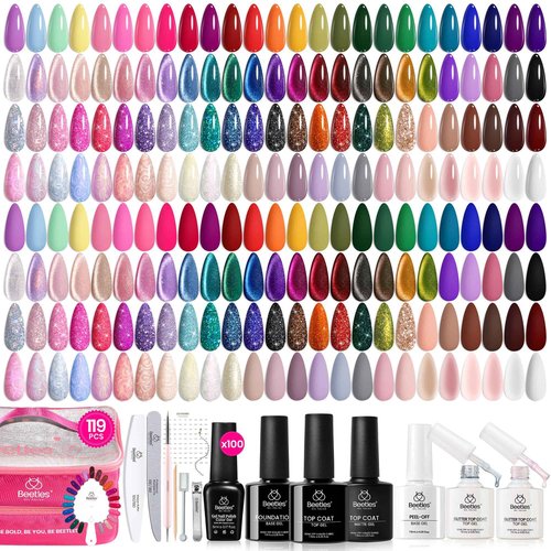 Beetles 100 Colors Gel Nail Polish Set, 119 PCS Nail Polish Kit All Season Cat Eye Pink Blue Jelly Glitter Pearl Gel Polish & 5Pcs Base Top Coat Soak off UV Manicure Nail Art Home Gifts for Women