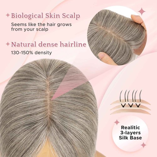 SEGO Grey Hair Toppers for Women Real Human Hair No Bangs, Salt and Pepper Hair Topper, 7 * 13 CM Silk Base Clip In Top Pieces -10 Inch G3 Light Grey Mix