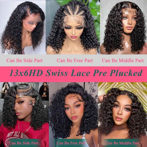 Bob Lace Front Wigs 16 Inch Human Hair Bob Wig Glueless 210 Density HD Deep Wave Lace Front Wigs Pre Plucked With Baby Hair Short Curly Human Hair Wig For Black Women