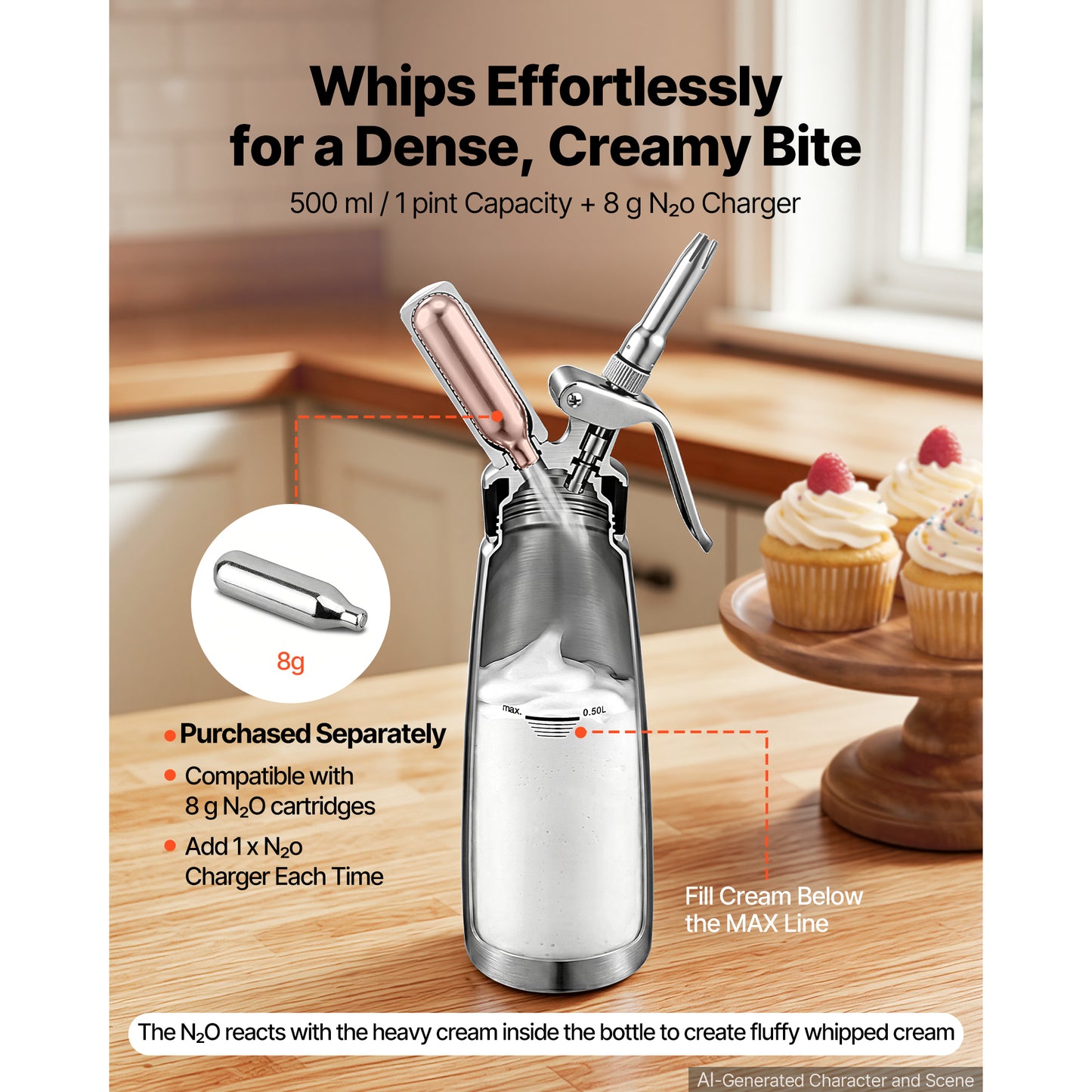 304 Stainless Steel Whipped Cream Dispenser 500ml with Nozzles & Brush