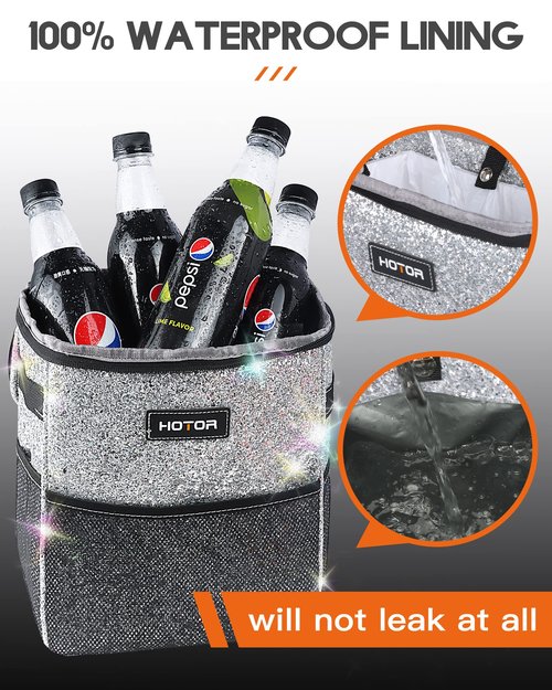 HOTOR Car Trash Can with Lid and Storage Pockets - 100% Leak-Proof Organizer, Waterproof Garbage Can, Multipurpose Trash Bin for Car, 2 Gallons, Sparkle White