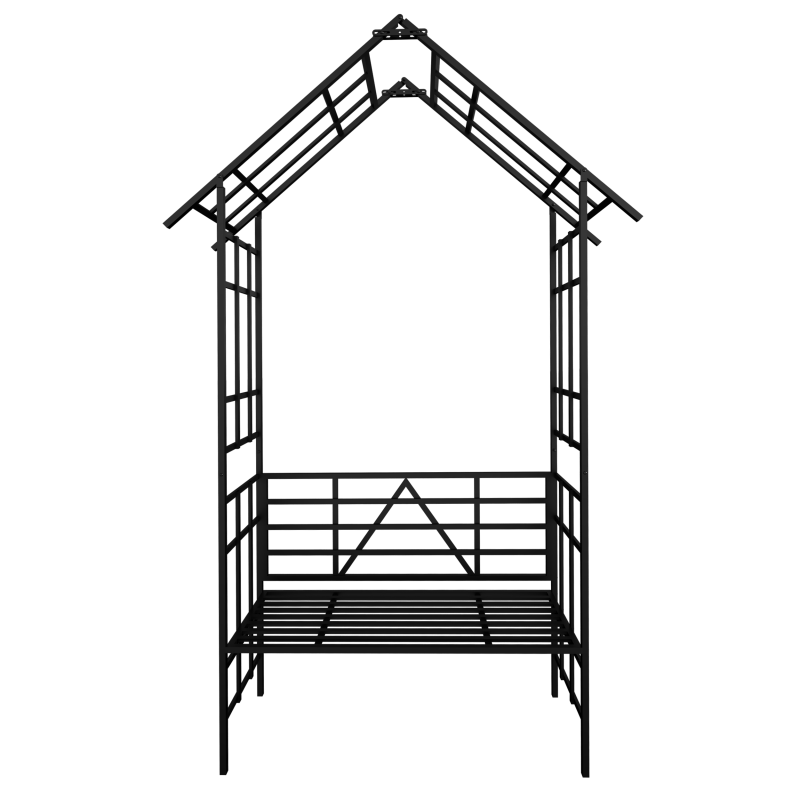 Metal Garden Arch with Convertible Bench and Flower Rack Support - Outdoor Black