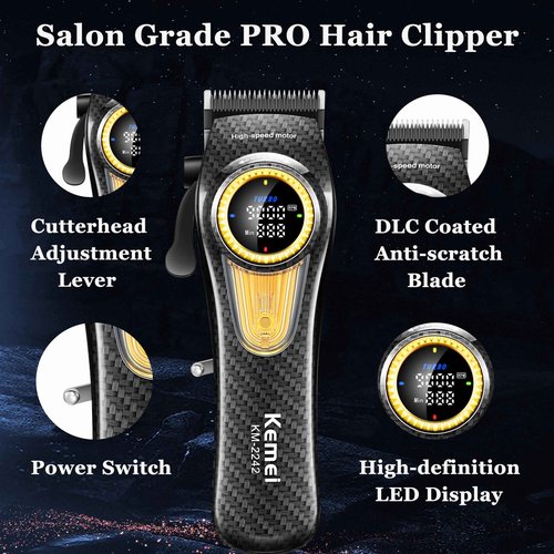 KEMEI Professional Hair Clippers for Men, Cordless Barber Clippers with LED Display and Charging Base, T-Blade Hair Trimmer, KM-2242, KM-1677
