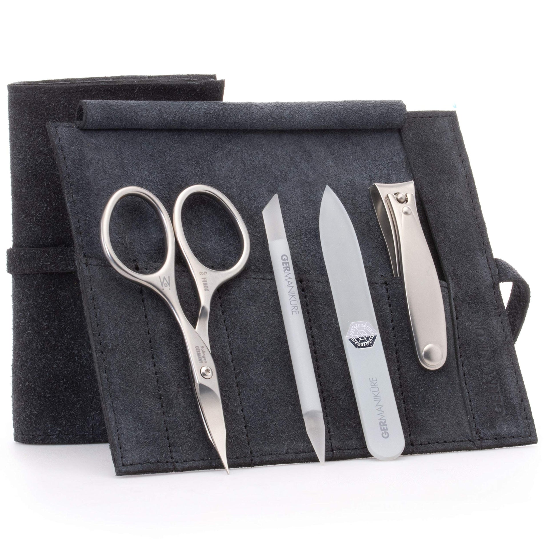 GERMANIKURE 4pc Mini Professional Manicure Set in Suede Case - FINOX Stainless Steel Tools Made in Solingen Germany, Glass Nail Care Supplies Made in Czech Republic