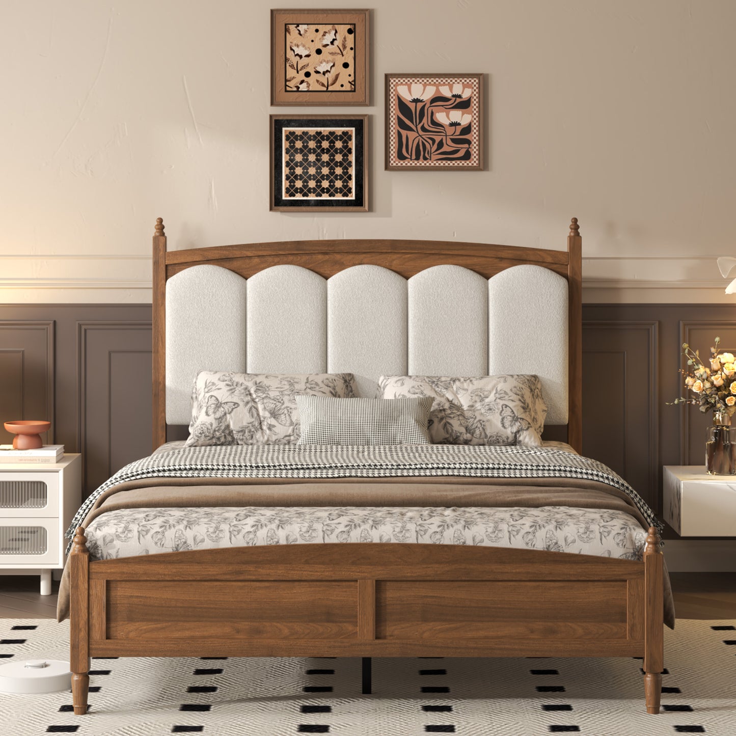Queen Size Platform Bed Frame with Upholstered Headboard - Brown