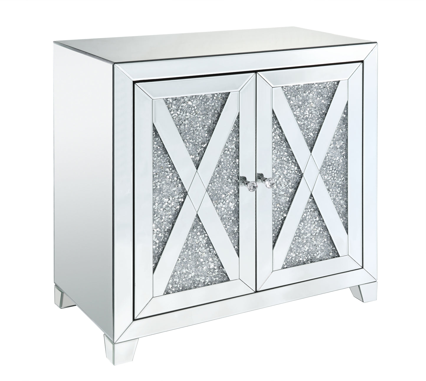 Mirrored Console Cabinet with Faux Diamonds - Silver
