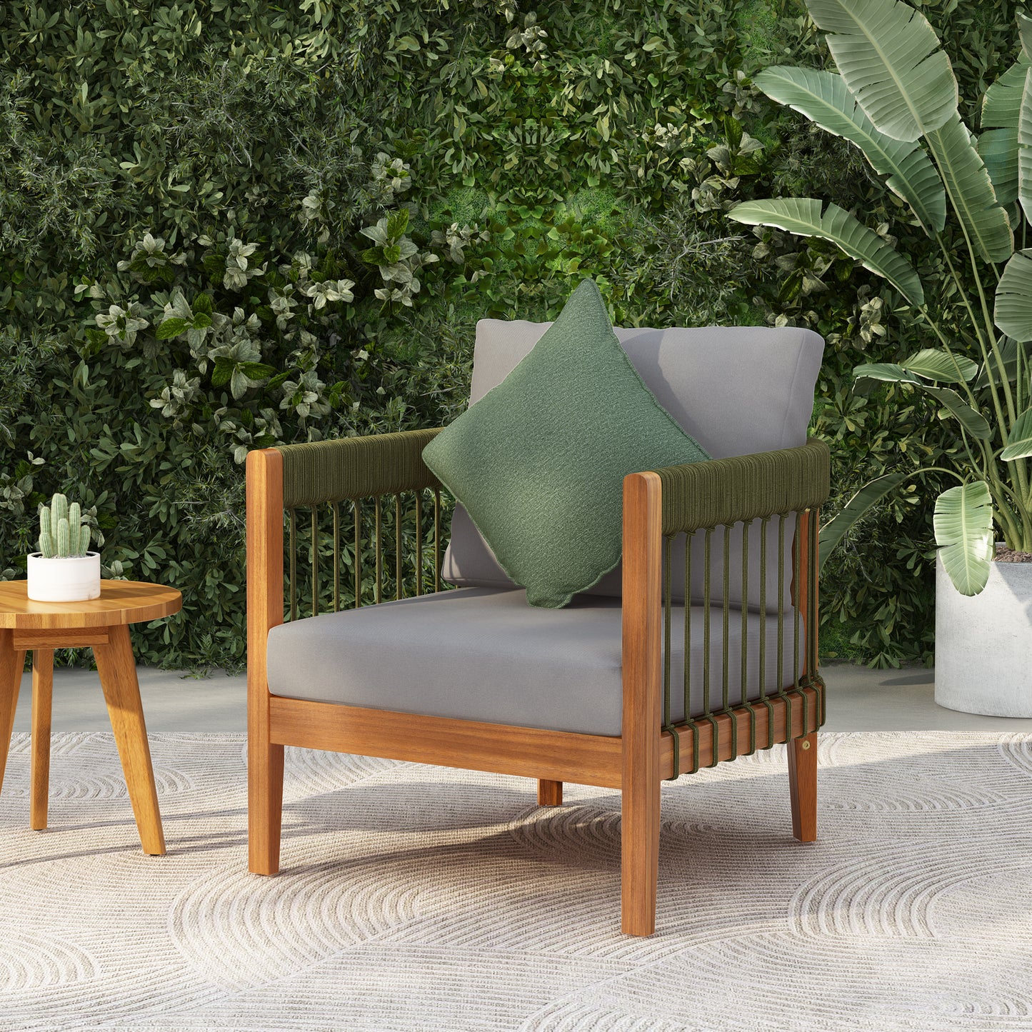 Acacia Wood Outdoor Club Chair With Handwoven Rope Accents & Curved