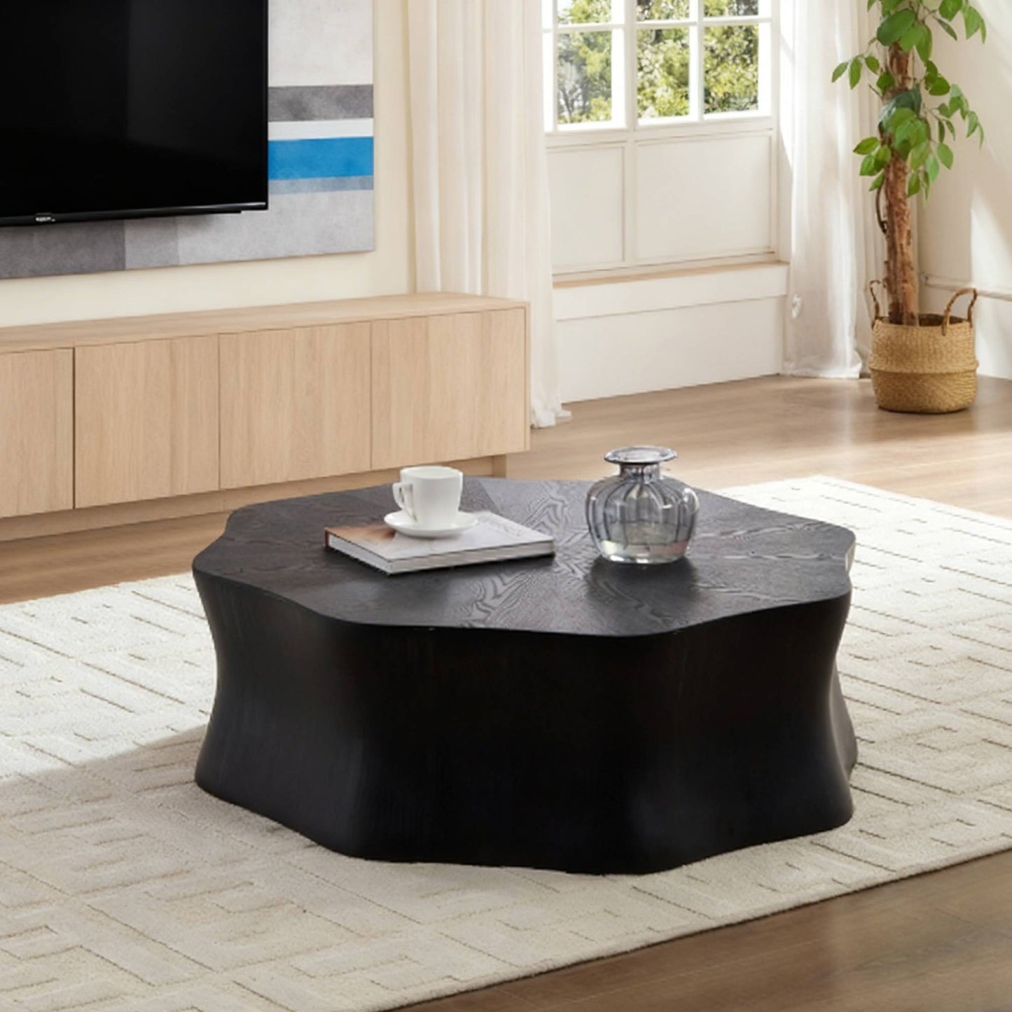 Black Petal Coffee Table, With Fiberglass Surface Covered Birch Wood