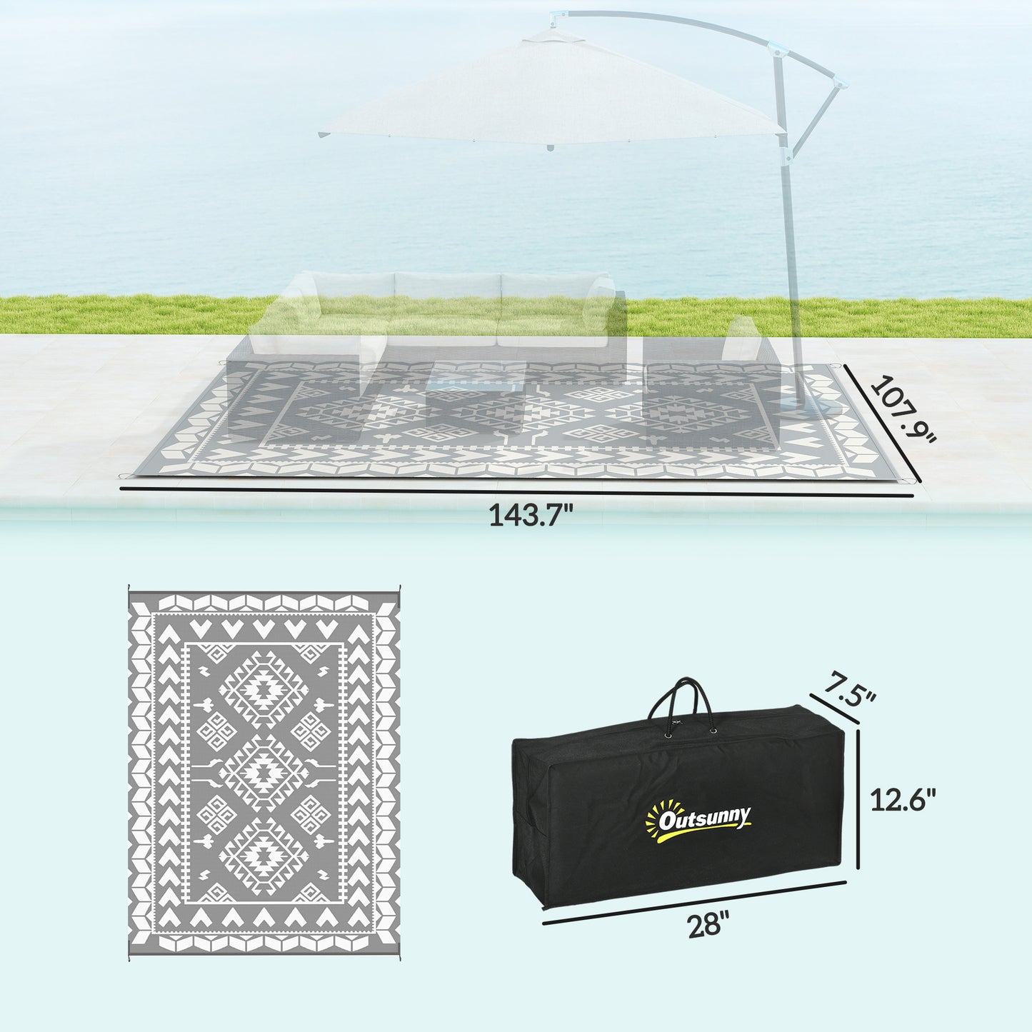 Reversible Outdoor Rug - Waterproof Plastic Straw, 9' x 12', Gray & White Rhombus