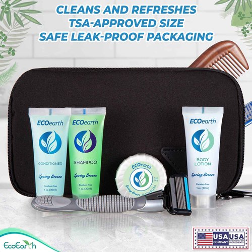 EcoEarth Hotel Toiletries Bundle (Spring Breeze, 1 oz Each, 250 Pieces) 5-Piece Set: 50 Each Round Bar Soap, Shampoo, Conditioner, Body Lotion & Body Wash - Bulk Mini Guest Amenities
