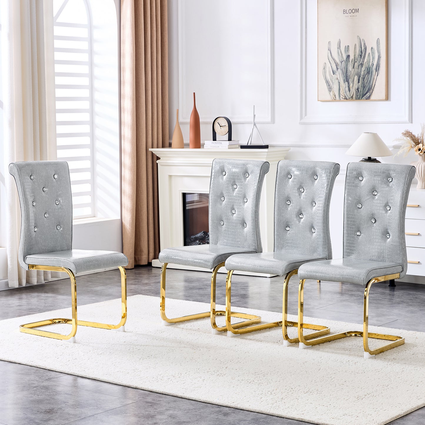Set Of 4,Retro Alligator Skin Upholstered Dining Chairs,with Crystal