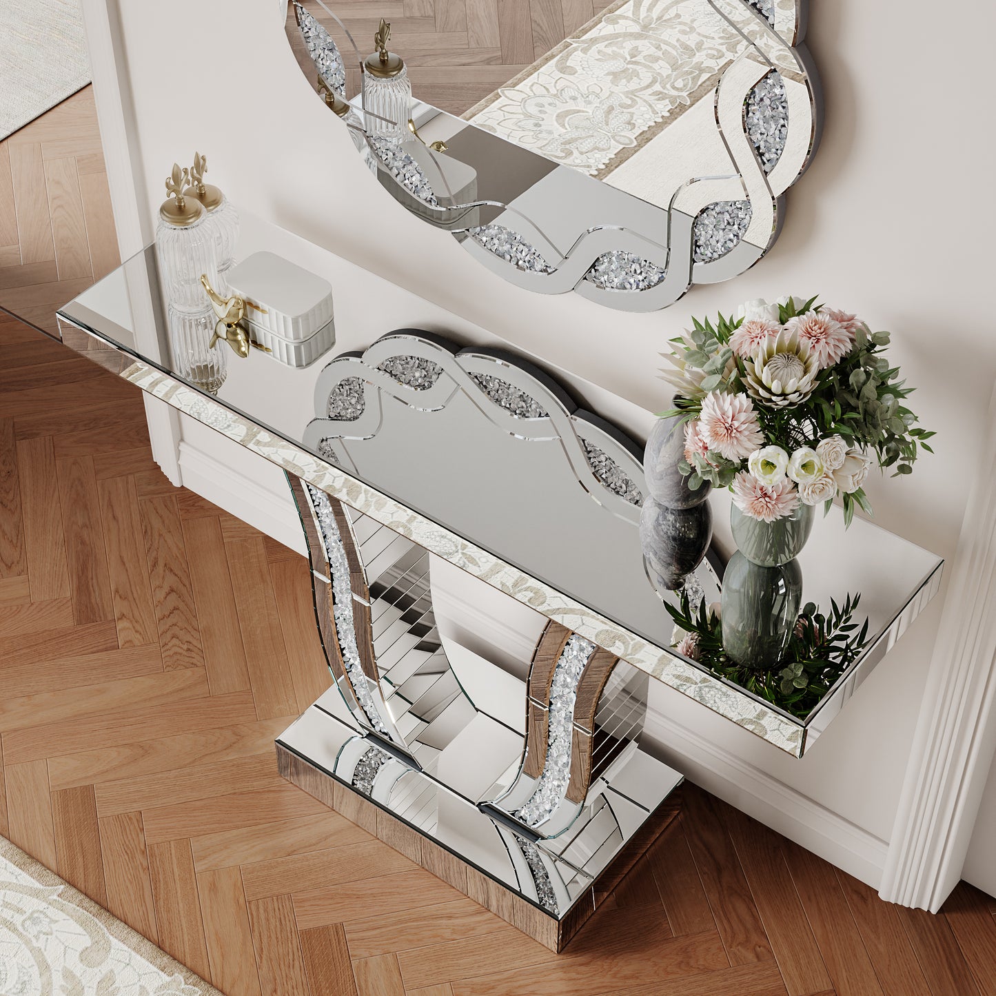 43 Inch Mirrored Console Table - Modern Silver Accent Table