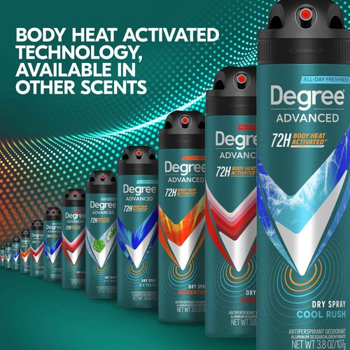 Degree Men Antiperspirant Deodorant Dry Spray Cool Rush 12 Count 72-Hour Sweat and Odor Protection Deodorant for Men With Body Heat Activated Technology 3.8 oz