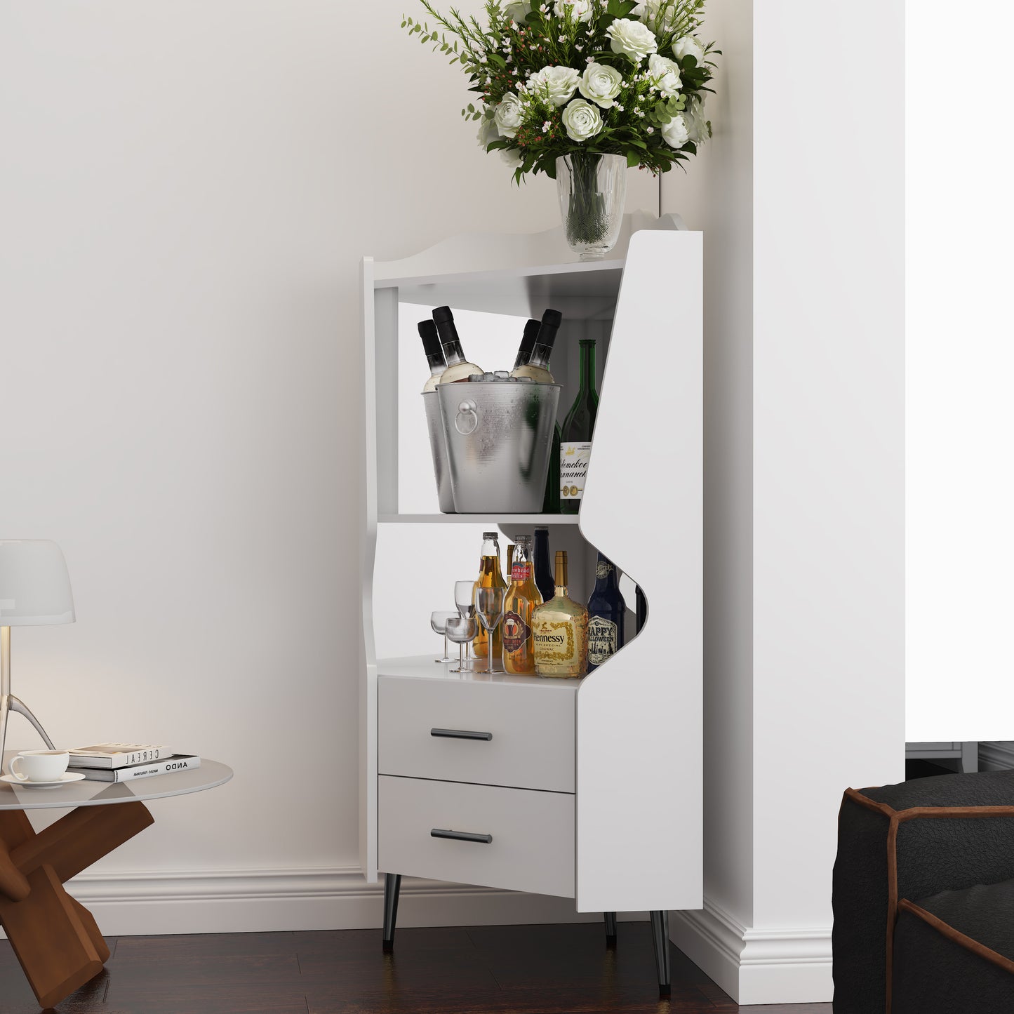 Wooden Corner Bar Cabinet With 2 Open Storage Shelves And Drawers,