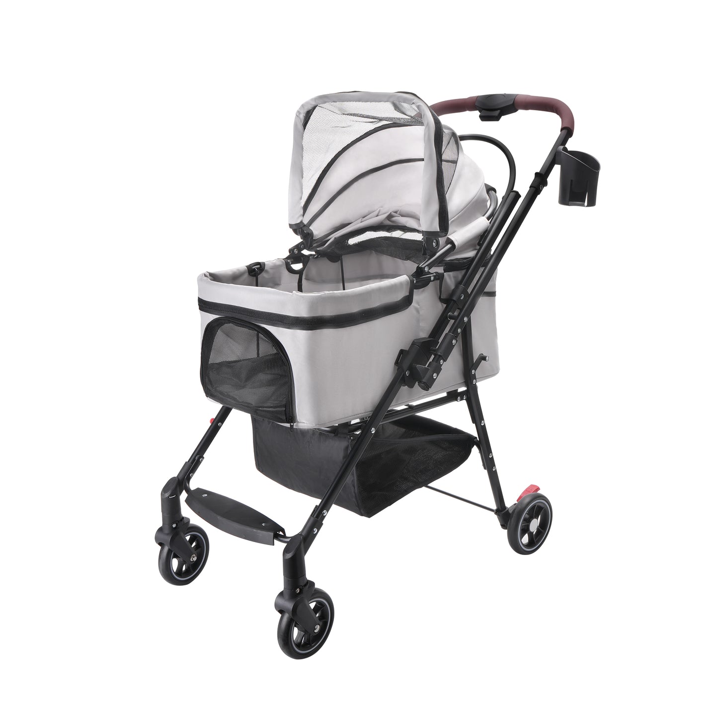 Foldable Pet Stroller for Small Dogs & Cats with 360 Rotating Wheels, Detachable Carrier & Travel Bag - Grey