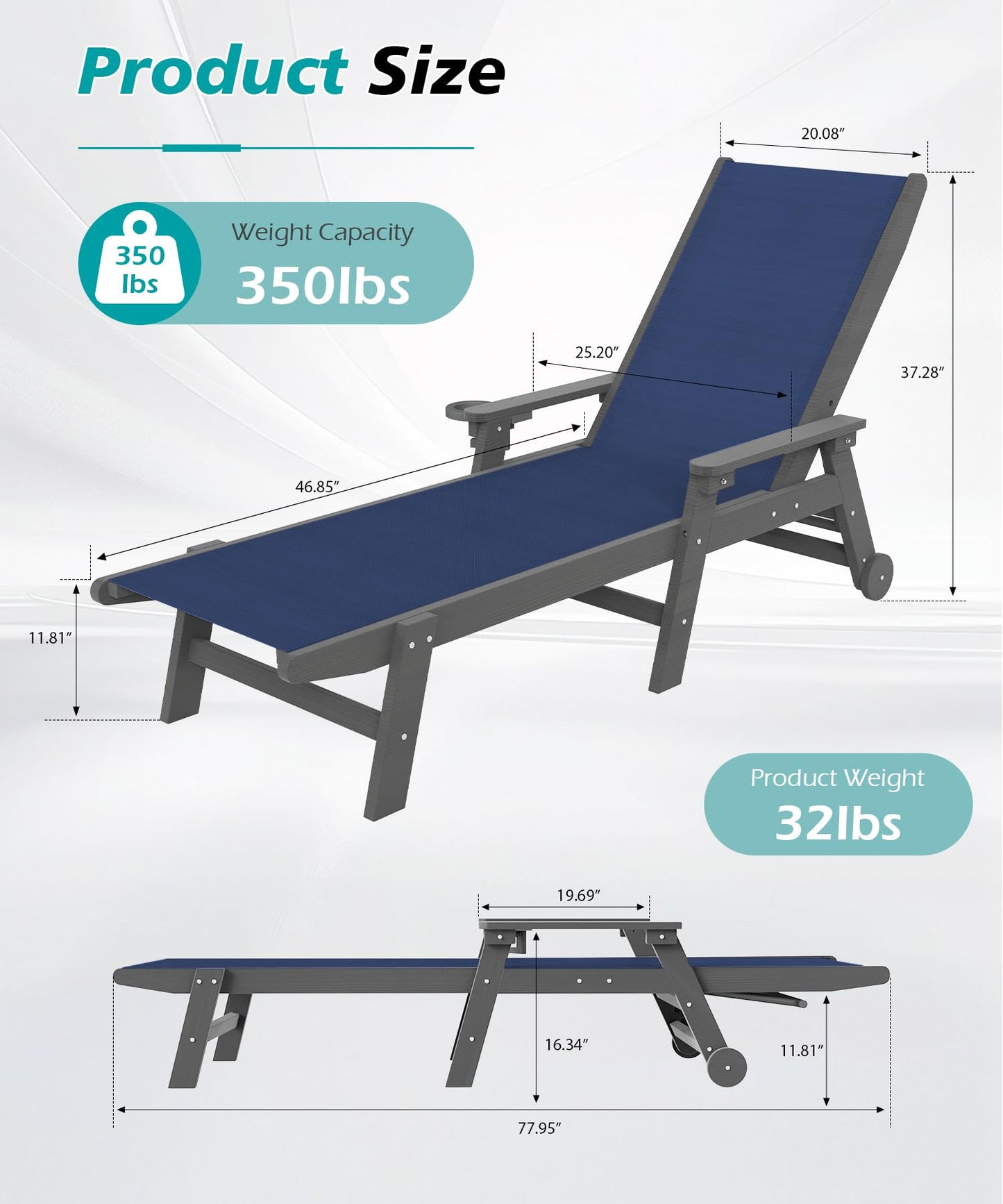 Outdoor Pool Lounge Chairs Set of 2 - HDPE with Wheels, Navy Blue