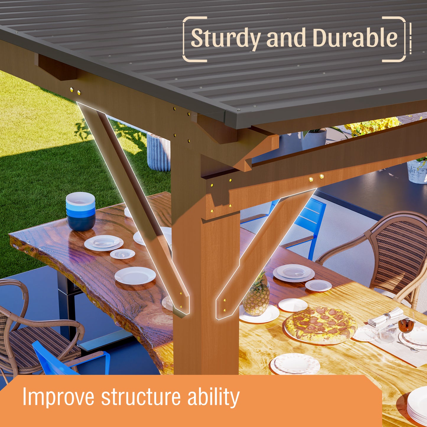 13x10ft Wooden Garden Gazebo with Metal Roof - Brown
