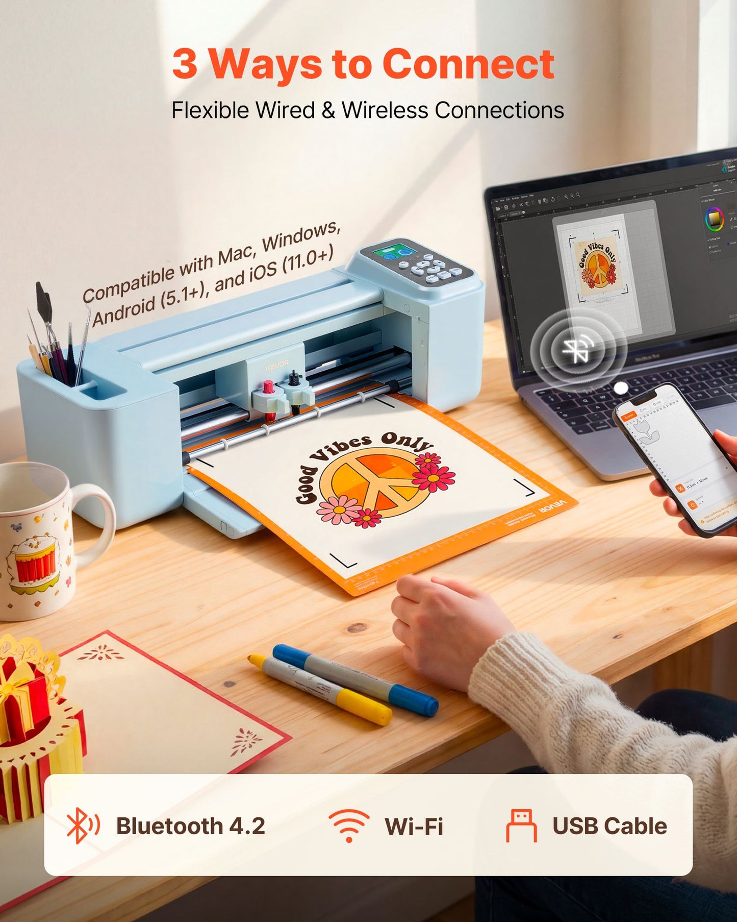 Vinyl Cutting Machine 12 Inch for Crafts and Custom Projects - Button & Screen Control, Supports Mac Windows Android iOS, Black