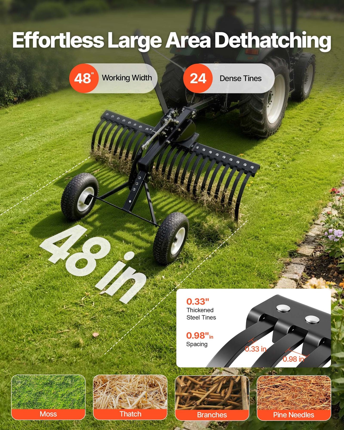 48-Inch Tow Behind Landscape Rake for ATV Tractors - Heavy Duty Steel Tines, Adjustable Height & Angle