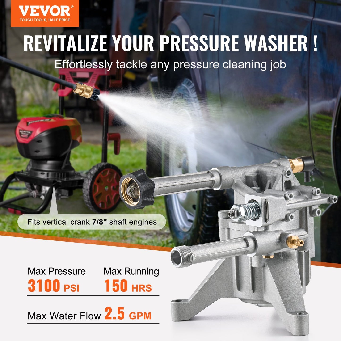 Pressure Washer Pump 7/8 Inch Shaft 3100 PSI 2.5 GPM with 5 Nozzles - Garden Tools