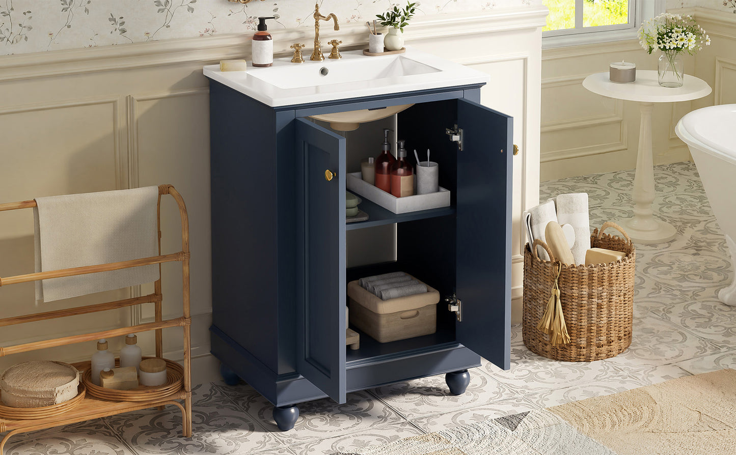 24-Inch Blue Bathroom Vanity Cabinet with Ceramic Sink