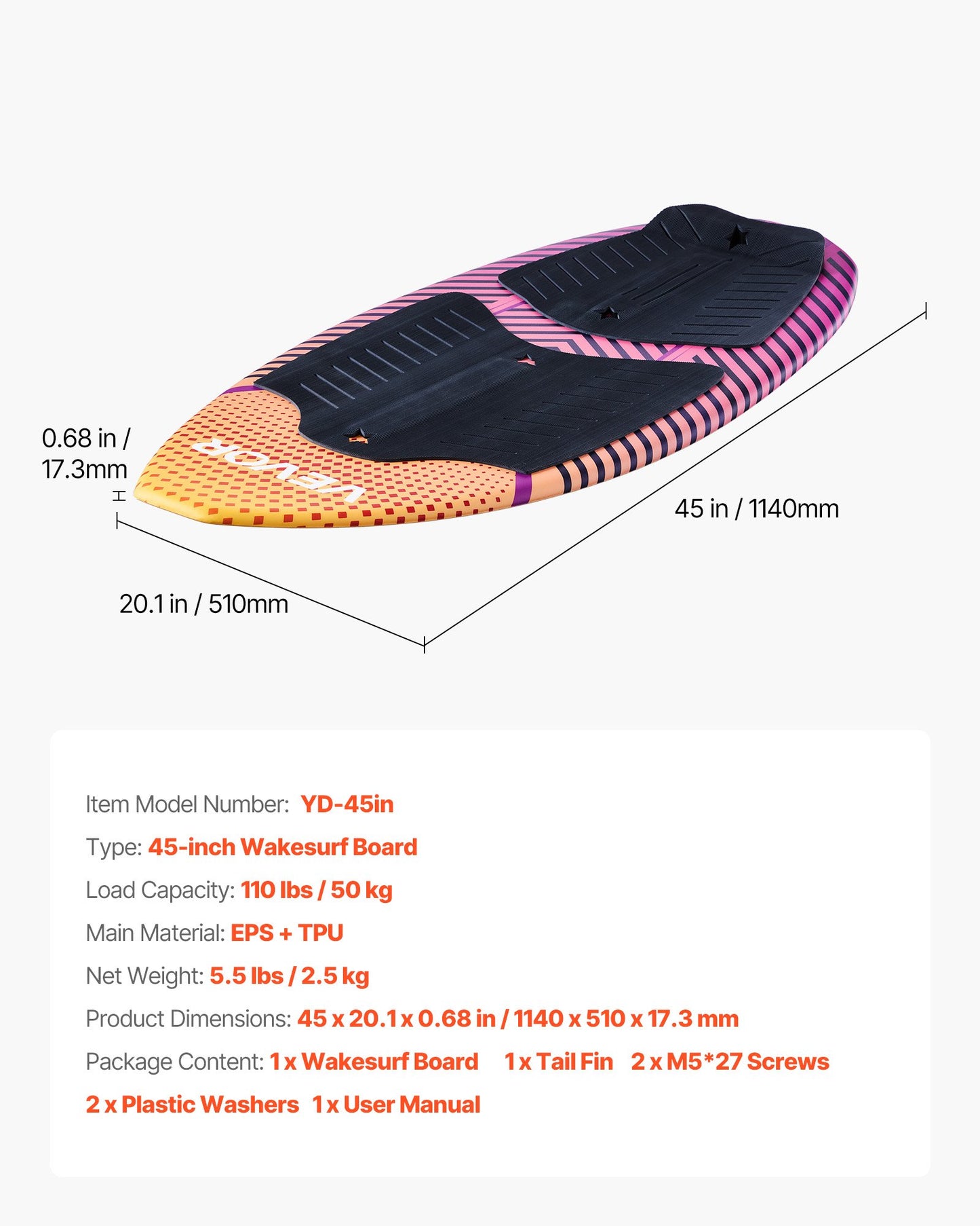 45-Inch Wakesurf Board with EPS Foam Core & EVA Non-Slip Pad - Black