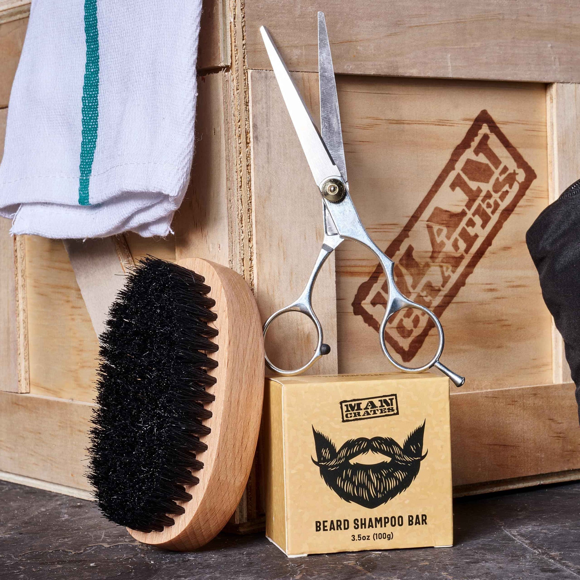 Man Crates, Beard Wrangler Mini Crate - Includes Beard Shampoo, Beard Balm, Grooming Oil, Beard Comb, Brush, & Scissors - Unique Gift for Men