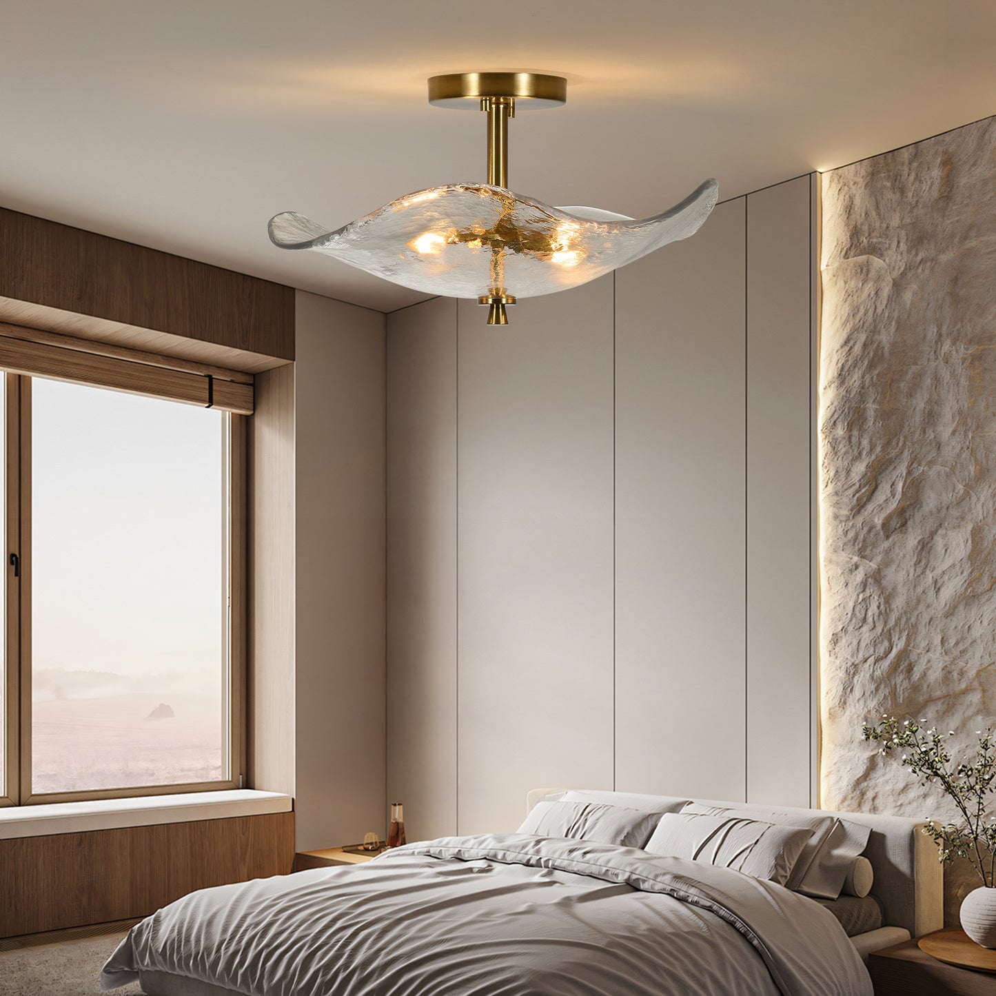 16.5 Inch Gold Semi Flush Mount Ceiling Light Modern Glass Fixture for Bedroom Bathroom Kitchen