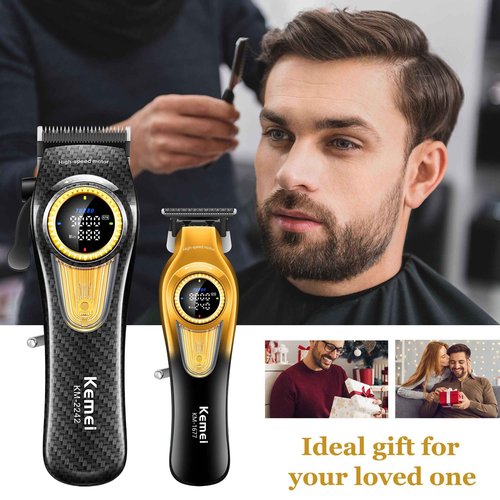 KEMEI Professional Hair Clippers for Men, Cordless Barber Clippers with LED Display and Charging Base, T-Blade Hair Trimmer, KM-2242, KM-1677
