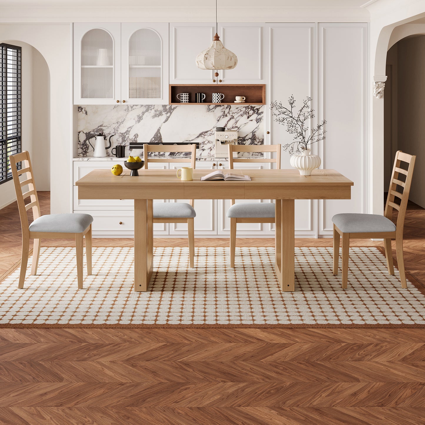 5-Piece Extendable Dining Table Set, Farmhouse With 18 Move Leaf, 78