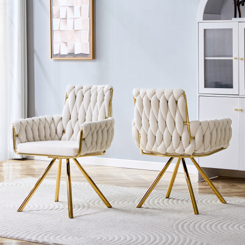 Set of 2 Velvet Braided Accent Dining Chairs with Gold Legs - Beige