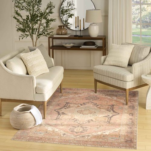 Nourison Home Vintage Washables Coral Multicolor 5'3" x 7'3" Area Rug - Easy Clean, Non Shedding, Bed Room, Living Room, Dining Room, Kitchen (5' x 7')