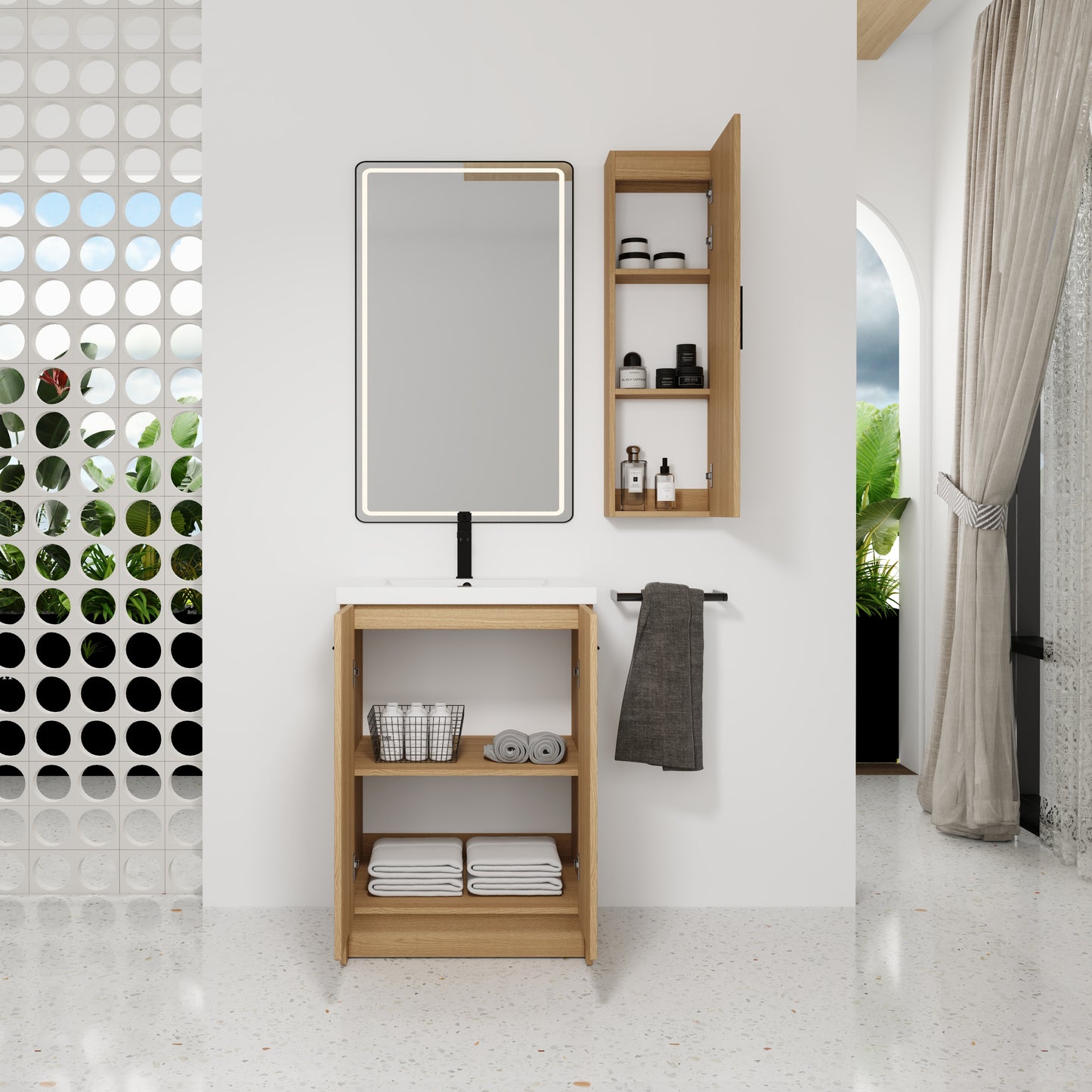 24" Freestanding Bathroom Vanity Set with Linen Cabinet - Light Oak