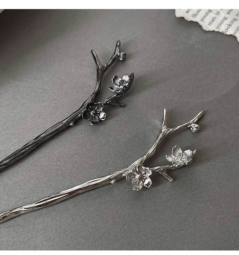Metal Hairpin Hair Accessories for Women - Chinese Flower Design, Silver & Gun Black