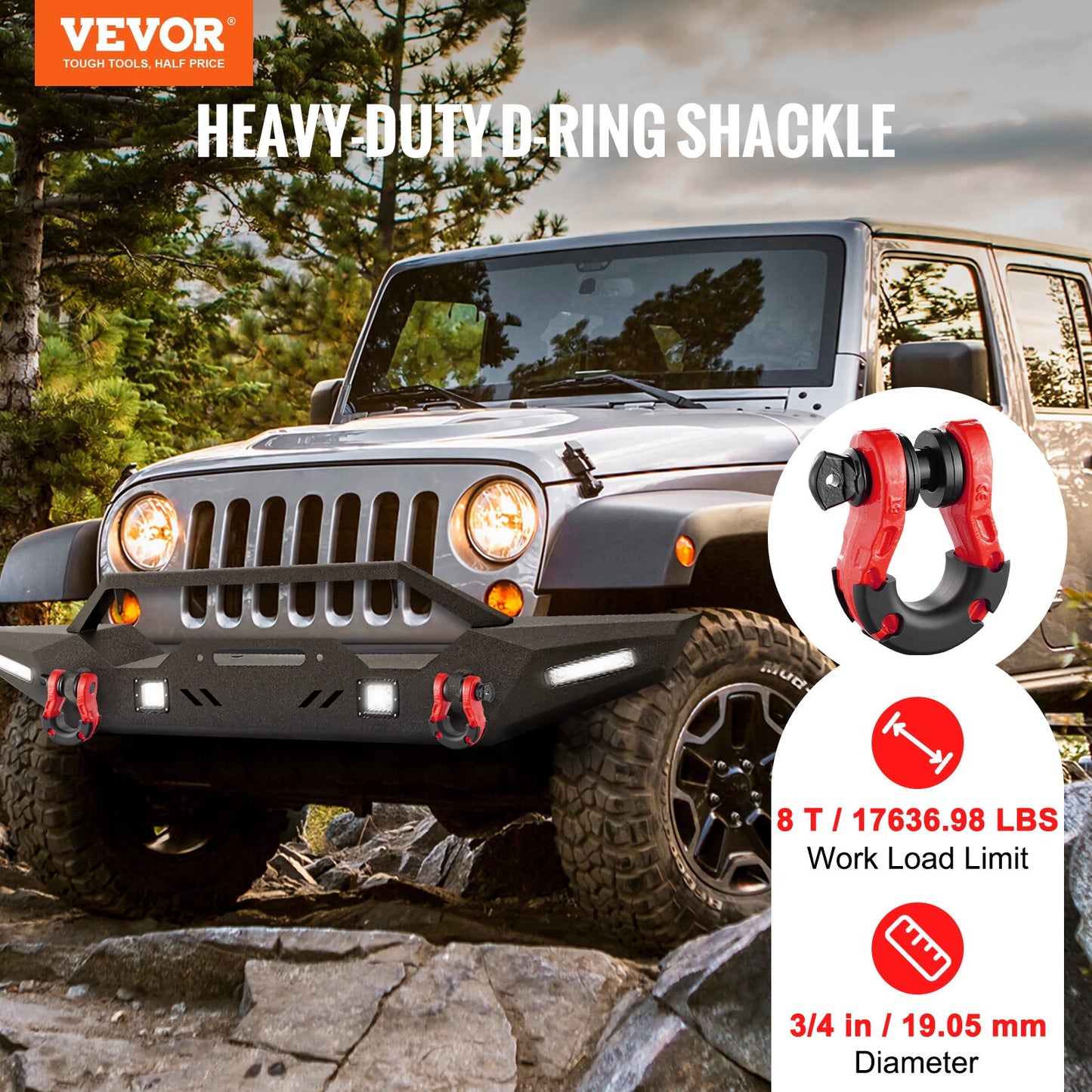 Heavy Duty Alloy Steel D-Ring Shackle 2 Pack for Vehicle Towing - Red, 30 Ton Break Strength