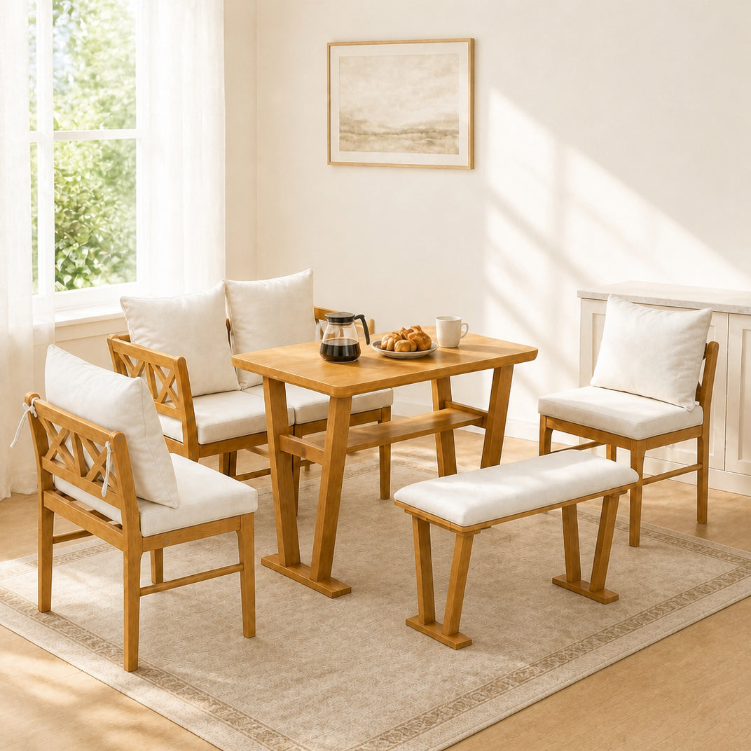 Farmhouse Solid Wood Kitchen Nook Dining Set for 6 - Natural & White