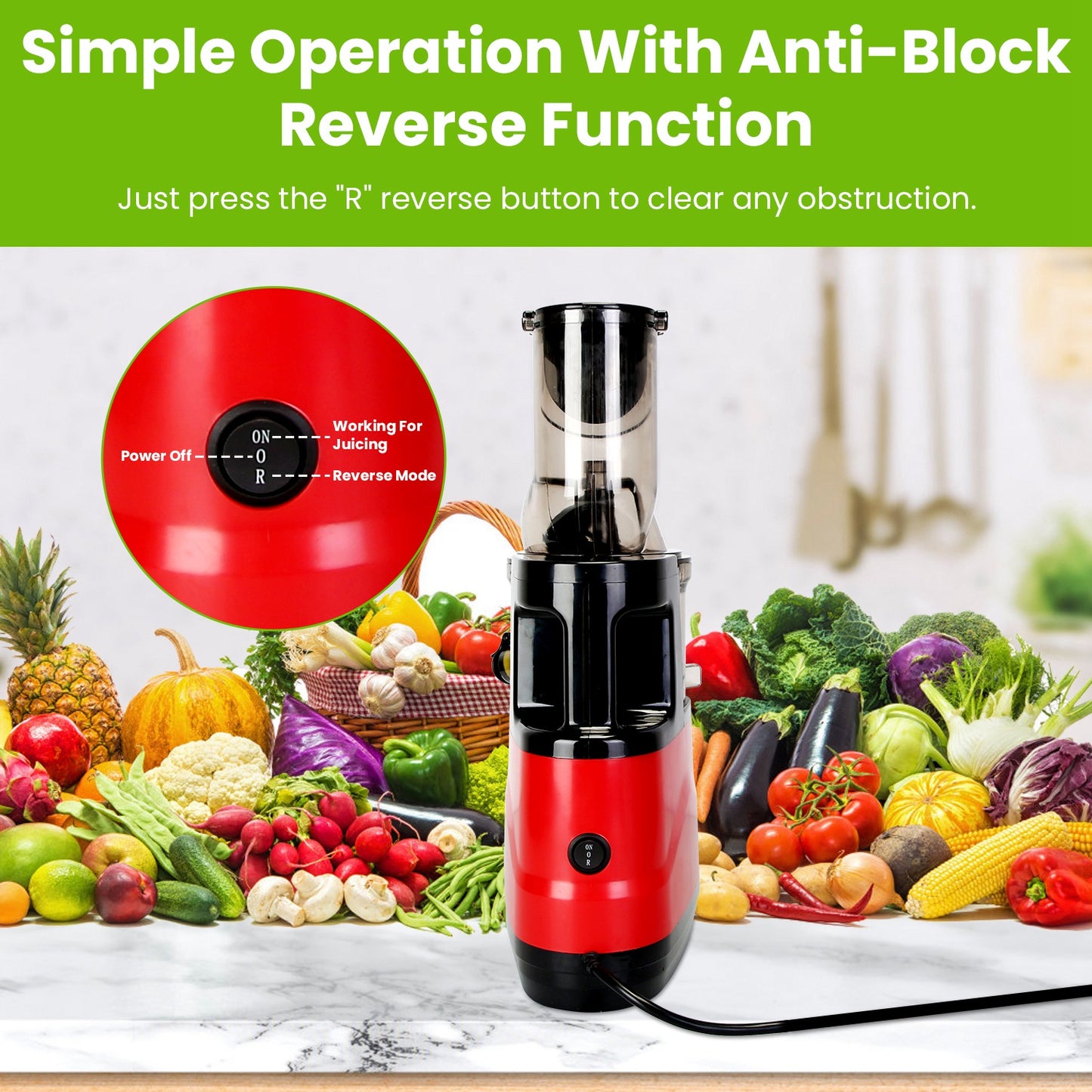 Cold Press Juicer Machine 300W Slow Masticating Juicer with Reverse Function - Red