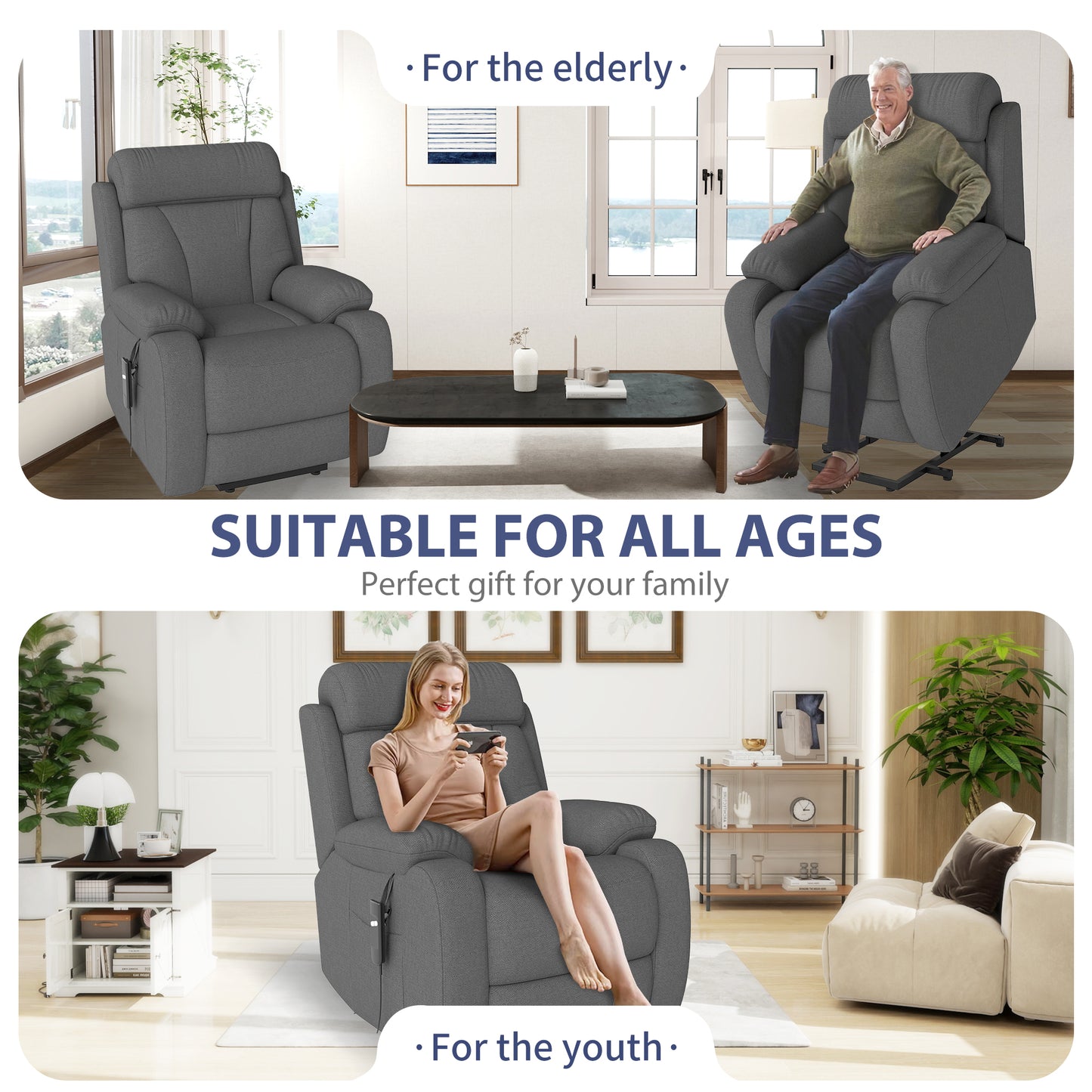 Power Lift Recliner for Elderly - Adjustable Dark Gray Velvet Chair
