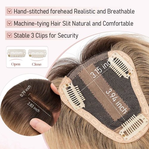 Hairro Human Hair Toppers Real Hair, Clips in 100% Human Hair Hairpieces for Women, 3.15"x3.94" Silk Base for Thinning Hair/Hair Loss/Covering Greyish Hair on Top, 12 Inch Bleach Blond with Black Root