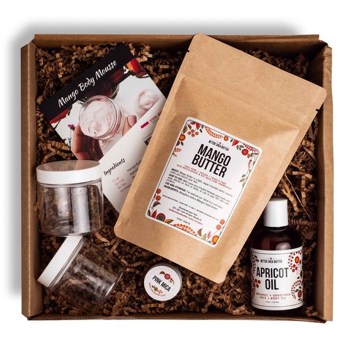 Better Shea Butter Body Butter Making Kit - Includes Raw Mango Butter, Raw Apricot Oil, Pink Mica, 2 jars and Recipes Card with Link to Video Tutorial - Natural Whipped Mango Body Lotion Making Kit