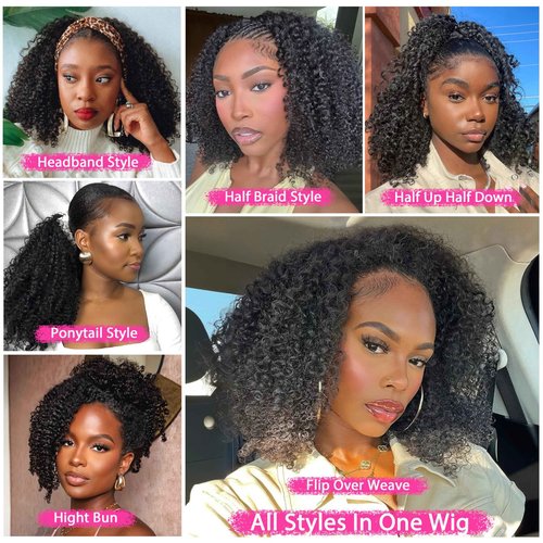 veravicky Curly Half Wig Human Hair - 180% Density Wear Go Glueless Wigs Human Hair 12 Inch Kinky Curly 3 In 1 Half Wig for Women Drawstring Seamless Flip Over Headband Wig Beginner Friendly