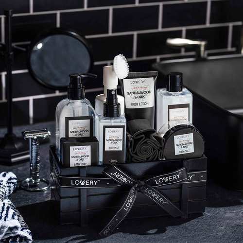Birthday Gifts Spa Kit for Men - Sandalwood and Oak Scented Bath Gift Set and Shower Gift Basket With Face Wash & Brush, Shower Gel, Bubble Bath, Body Lotion, Body Mist, Handmade Soap, Salts & Puff