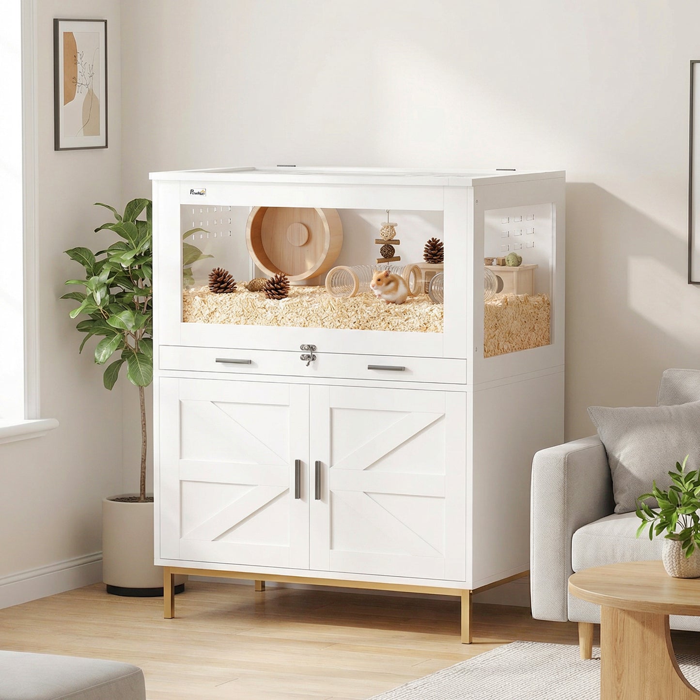 Hamster Cage with Storage Cabinet, Acrylic Panels & Pull-Out Tray, 30x19.5x36 Inches