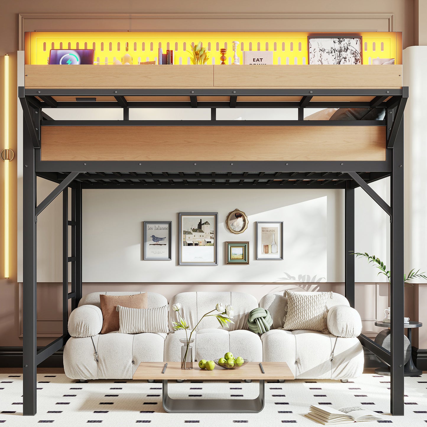 Full Size Metal Loft Bed with Storage, USB Ports & LED Lights - Natural