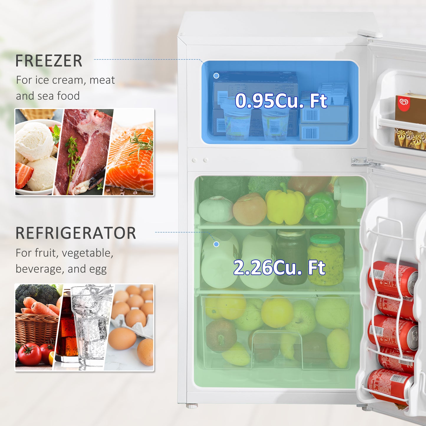 Mini Fridge with Freezer - 3.2 Cu.Ft Compact Refrigerator, Adjustable Thermostat, Reversible Door, White